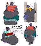  alien bald belly big_belly big_breasts big_butt black_skin blakeroats breasts butt clothing dessert english_text female food hi_res ice_cream jiggle morbidly_obese muffin_top overweight purple_eyes simple_background standing stuck text thick_thighs wide_hips 