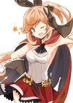  ;d absurdres bangs black_gloves black_legwear black_ribbon blush breasts cape clarisse_(granblue_fantasy) eyebrows eyebrows_visible_through_hair gloves granblue_fantasy green_eyes hair_between_eyes hair_ribbon hand_on_hip highres long_hair looking_at_viewer medium_breasts miniskirt no_bra one_eye_closed open_mouth orange_hair ponytail red_skirt ribbon shibakame simple_background skirt smile solo star thighhighs v v-shaped_eyebrows vial white_background 