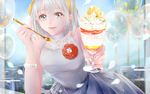  ayakami bad_id bad_pixiv_id bare_shoulders blurry blurry_background bracelet bubble dessert dress flower food grey_eyes hairband jewelry licking_lips looking_at_viewer original parfait silver_dress silver_hair silver_nails solo spoon tongue tongue_out 