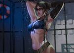  1girl armpits arms_up bikini_top breasts brown_hair eva_solo_(artist) front-tie_top gloves large_breasts looking_at_viewer metal_gear_(series) metal_gear_solid_v midriff parted_lips quiet_(metal_gear) shower strap wet 