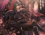  armor black_gloves black_hair black_legwear crossed_legs curtains flower gloves greaves looking_at_viewer male_focus mannequin mirror orlouge red_eyes rose saga saga_frontier sitting solo throne tokinohiyoko 