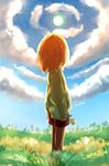  artist_name brown_hair chara_(undertale) cloud cloudy_sky day flower full_body grass highres holding holding_flower nilata shorts sky solo spoilers striped striped_sweater sun sweater undertale 