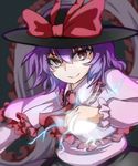  &gt;:) black_hat black_skirt bow capelet closed_mouth commentary_request electricity frills hat hat_bow long_sleeves looking_at_viewer nagae_iku puffy_long_sleeves puffy_sleeves purple_hair red_bow red_eyes shaded_face shawl short_hair skirt smile solo tenyunkel touhou upper_body v-shaped_eyebrows 