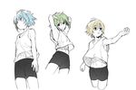  arms_behind_head bad_id bad_pixiv_id bike_shorts blue_hair brown_hair erubo green_hair male_focus multiple_boys navel outstretched_arm simple_background smile tank_top white_background 