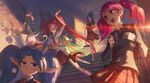  :/ :d alternate_hair_color alternate_hairstyle animal backpack bag blue_hair bookbag bow breath commentary crossed_arms green_hair hair_bow highres hug indoors jacket janna_windforce jinx_(league_of_legends) league_of_legends lulu_(league_of_legends) luxanna_crownguard magical_girl multiple_girls necktie official_art open_mouth pink_hair plaid plaid_skirt pointy_ears poppy red_hair red_neckwear school school_uniform shadow skirt smile stairs star_guardian_janna star_guardian_jinx star_guardian_lulu star_guardian_lux star_guardian_poppy tripping twintails white_legwear yordle 