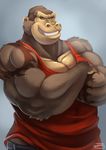  2015 anthro ape biceps big_muscles black_fur clothed clothing crossed_arms dax_(evane) digital_media_(artwork) evane front_view fur gorilla green_eyes grey_background half-length_portrait hi_res looking_at_viewer male mammal muscular muscular_male ocaritna pecs portrait primate shirt signature simple_background smile solo standing tank_top tattoo teeth 