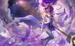  alternate_costume alternate_hair_color alternate_hairstyle blue_eyes boots breasts cloud highres janna_windforce large_breasts league_of_legends magical_girl miniskirt official_art pointy_ears purple_hair purple_ribbon ribbon skirt sky staff star_guardian_janna thighhighs 