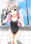  :d aizawa_u-ji commentary_request competition_swimsuit idolmaster idolmaster_cinderella_girls lane_line looking_at_viewer looking_up one-piece_swimsuit open_mouth otokura_yuuki pool pool_ladder poolside purple_eyes purple_hair smile solo swimsuit tile_floor tiles towel towel_around_neck wet wiping_face 