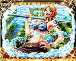  breasts cleavage clouds large_breasts nami_(one_piece) one_piece orange_hair sky_island tagme tattoo 