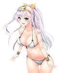  bikini blue_eyes breasts cleavage collarbone cowboy_shot eyebrows eyebrows_visible_through_hair flower front-tie_bikini front-tie_top grey_bikini groin hair_flower hair_ornament hair_ribbon hairband high_ponytail highres large_breasts long_hair moing navel noa_(soccer_spirits) open_mouth ribbon side-tie_bikini silver_hair simple_background soccer_spirits solo swimsuit wet white_background yellow_hairband yellow_ribbon 