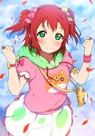  animal_print bad_id bad_pixiv_id bangs bear_print blush bow candy_hair_ornament cloud cloudy_sky day earrings food_themed_hair_ornament green_eyes hair_bow hair_ornament highres hood hood_down icehotmilktea jewelry kurosawa_ruby looking_at_viewer love_live! love_live!_sunshine!! petals pouch print_shirt red_hair ring shirt skirt sky smile solo star two_side_up watch wristwatch 