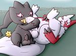  anus balls banette duo erection fellatio fluffy fluffy_tail ghost lying male male/male mammal nintendo on_back oral outside penis penis_hug pok&eacute;mon semi-anthro sex sitting size_difference spirit tygre_(artist) uncut video_games zangoose 