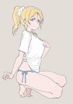  ayase_eli barefoot blonde_hair blue_eyes blue_panties collar_tug from_side full_body grey_background highres looking_at_viewer love_live! love_live!_school_idol_project no_pants panties ponytail scrunchie shirt short_sleeves side-tie_panties simple_background smile solo squatting tied_shirt tiptoes underwear white_scrunchie white_shirt yohan1754 