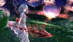  :o ascot bat_wings blue_hair blurry commentary depth_of_field dress fire from_side grasslands highres hill holding holding_weapon looking_at_viewer looking_to_the_side no_hat no_headwear puffy_short_sleeves puffy_sleeves red_eyes remilia_scarlet sash short_hair short_sleeves sinkai solo spear_the_gungnir sunrise touhou weapon white_dress wings 