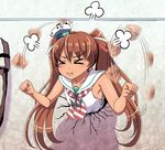 &gt;_&lt; bare_arms bare_shoulders brown_hair closed_eyes closed_mouth commentary_request cracked_wall dress flailing hair_ribbon hat kabe_ni_hamatte_ugokenai! kantai_collection libeccio_(kantai_collection) long_hair mini_hat necktie parody pout ribbon sailor_dress solo striped striped_neckwear tan tantrum tk8d32 twintails wall wavy_mouth 