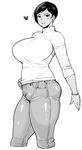  breasts cropped_legs dekkano!! denim greyscale hand_on_hip heart highres huge_breasts jeans light_smile mole mole_under_eye monochrome pants short_hair simple_background smile solo sweater synecdoche thick_thighs thighs turtleneck white_background 