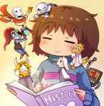  androgynous asgore_dreemurr beard blush book brown_hair cape facial_hair frisk_(undertale) heart horns labcoat mettaton papyrus_(undertale) renoa_yu sans shirt smile toriel undertale undyne 