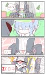  1girl 4koma absurdres alex_(alexandoria) backpack bag charles_babbage_(fate/grand_order) comic emoticon eyebrows eyebrows_visible_through_hair fate/grand_order fate_(series) flat_cap forest green_hat hair_bobbles hair_ornament hat highres kawashiro_nitori nature sidelocks silent_comic sitting sleeping surprised sweat sweatdrop touhou twintails white_skin zzz 