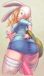  adventure_time animal_hood ass backpack bag between_legs blonde_hair breasts bunny_hood curly_hair fionna_the_human_girl gashi-gashi hood large_breasts looking_back skirt smile solo sword thick_thighs thighhighs thighs weapon wide_hips 