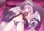  1girl :p angel angel_wings babydoll black_panties curtains finger_to_mouth front-print_panties halo heart heart-shaped_pupils heart_cutout long_hair nipples original panties print_panties purple_hair red_eyes sakura_shiho side-tie_panties sidelocks signature symbol-shaped_pupils tongue tongue_out underwear wings 