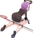  absurdres all_fours ass bdsm blush bondage bound chain cuffs from_behind highres infraton kantai_collection kneeling looking_back mechanical_halo polearm purple_hair short_hair solo spreader_bar tatsuta_(kantai_collection) weapon white_background 