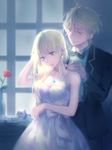  1girl aldnoah.zero asseylum_vers_allusia blonde_hair blush dress flower formal green_eyes happy_birthday highres jewelry jpeg_artifacts kanmuri_(hanyifan30338) long_hair necklace off-shoulder_dress off_shoulder putting_on_jewelry rose short_hair slaine_troyard smile tuxedo 