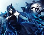  armpits bangs bare_shoulders battleship_water_oni black_dress black_gloves black_hair blue_eyes bracelet bubble commentary_request crossed_bangs dress elbow_gloves gloves glowing glowing_eyes hair_between_eyes horn jewelry kantai_collection kyouya_(mukuro238) long_hair looking_at_viewer monster oni_horns open_mouth pale_skin parted_lips shinkaisei-kan solo spiked_bracelet spikes strapless strapless_dress teeth underwater white_skin 