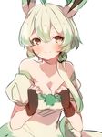  animal_humanoid bare_shoulders breasts brown_eyes cleavage clothed clothing dress eeveelution female fingerless_gloves gloves hair humanoid humanoidized leafeon long_hair looking_at_viewer nintendo pok&eacute;mon simple_background solo takeshima_(nia) teasing video_games white_background 