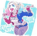  baseball_bat belt blonde_hair bracelet dc_comics fishnets harley_quinn jacket jewelry mitsumoto_jouji multicolored multicolored_clothes multicolored_jacket multicolored_shorts pantyhose shorts solo spiked_bracelet spikes suicide_squad 