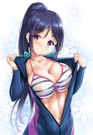  bikini blue_hair blush breasts center_opening cleavage collarbone diving_suit eyebrows eyebrows_visible_through_hair highres kure_masahiro large_breasts long_hair looking_at_viewer love_live! love_live!_sunshine!! matsuura_kanan navel open_clothes ponytail purple_eyes shiny shiny_skin smile solo strap_gap striped striped_bikini swimsuit water wet wetsuit 