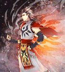  bracelet cape elbow_gloves fingerless_gloves gloves grey_hair hand_on_hip jewelry male_focus pointy_ears profile red_cape saga saga_frontier solo standing timelord tokinohiyoko 