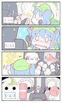  1girl 4koma absurdres alex_(alexandoria) backpack bag blush blush_stickers boxing_gloves caterpillar_tracks charles_babbage_(fate/grand_order) comic drill emoticon fate/grand_order fate_(series) flat_cap flying_sweatdrops green_hat hair_bobbles hair_ornament hammer hat highres index_finger_raised kawashiro_nitori mechanical_arm o_o open_mouth short_hair silent_comic sweat tearing_up touhou trembling two_side_up white_skin wrench 
