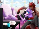  anthro canine clothed clothing duo female inside lovelesskiax male mammal red_panda sitting smile sofa underwear 