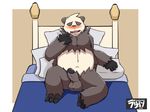  2016 anthro balls bed blush cute digital_drawing_(artwork) digital_media_(artwork) erection fur humanoid_penis looking_at_viewer male mammal nintendo nude on_bed open_mouth overweight pangoro penis pok&eacute;mon raburigaron simple_background slightly_chubby smile solo teeth tongue video_games white_background 