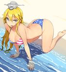  all_fours american_flag_bikini bare_legs barefoot beach bikini blonde_hair blue_eyes breasts cleavage day flag_print hair_between_eyes hat iowa_(kantai_collection) kantai_collection long_hair medium_breasts nac000 open_mouth outdoors partially_submerged solo swimsuit 