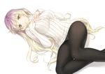  alternate_costume black_legwear blonde_hair blush breasts crotch_seam gradient_hair hijiri_byakuren large_breasts long_hair long_sleeves multicolored_hair no_pants panties panties_under_pantyhose pantyhose purple_hair ribbed_sweater rokuwata_tomoe smile solo sweater touhou turtleneck two-tone_hair underwear yellow_eyes 