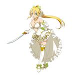  arms_behind_back blonde_hair boots breasts center_opening cleavage elbow_gloves frilled_skirt frills full_body gloves green_eyes high_heels high_ponytail highres holding holding_weapon large_breasts leafa long_hair open_mouth simple_background skirt solo sword sword_art_online sword_art_online:_code_register thigh_boots thighhighs weapon white_background white_footwear white_legwear 