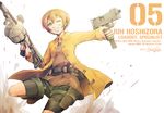  brown_hair character_name dual_wielding explosive green_eyes grenade grenade_launcher grin gun highres hiroki_ree holding holding_gun holding_weapon hoshizora_rin love_live! love_live!_school_idol_project mac-10 milkor_mgl number one_eye_closed scope short_hair signature smile solo submachine_gun trigger_discipline vertical_foregrip weapon 