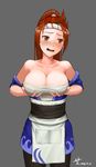  2016 akali apron bare_shoulders black_legwear blush breast_hold breasts brown_hair cleavage collarbone covered_nipples cowboy_shot dated embarrassed grey_background hachimaki headband large_breasts league_of_legends long_hair looking_away looking_to_the_side mr_yah nejiri_hachimaki off_shoulder pocket ponytail red_eyes red_hair sash signature simple_background solo tears 
