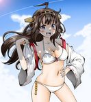  adapted_costume ahoge bikini blue_sky blush breasts brown_eyes brown_hair cleavage cloud commentary_request contrapposto day detached_sleeves double_bun grey_eyes hairband hand_on_own_stomach hand_up headgear kantai_collection kongou_(kantai_collection) long_hair looking_at_viewer medium_breasts navel o-ring o-ring_bikini o-ring_top open_mouth shade shino_(ponjiyuusu) sidelocks sketch sky smile solo standing swimsuit white_bikini wide_sleeves 