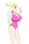  akimoto_katherine_reiko bikini blonde_hair blush bouncing_breasts breasts cleavage crayon_shin-chan heart highres huge_breasts kochikame long_hair one-piece_swimsuit one_eye_closed solo subaru_(shijar) swimsuit v 