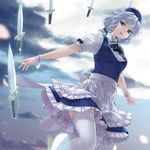  apron blue_eyes blurry braid breasts cloud dagger depth_of_field floating floating_object garter_straps highres izayoi_sakuya maid maid_headdress outdoors petals rokuwata_tomoe short_hair silver_hair skirt sky small_breasts solo thighhighs touhou twin_braids waist_apron weapon white_legwear wrist_cuffs 