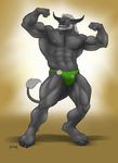 2015 abs anthro armpits beard biceps big_muscles black_horn bovine bulge clothed clothing cloven_hooves digital_media_(artwork) ear_piercing facial_hair facial_piercing flexing front_view full-length_portrait green_eyes grey_hair grey_nipples grey_tail hair hi_res hooves horn looking_at_viewer male mammal mehawk muscular muscular_male navel nipples nose_piercing pecs piercing portrait pose signature simple_background smile solo standing tail_tuft tauren teeth thong topless tuft video_games warcraft 