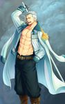  1boy abs belt cigar epaulettes hand_in_pocket jacket jitte male_focus marine one_piece open_clothes smoker solo 