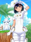  aether_foundation_employee alolan_form alolan_vulpix black_hair brown_eyes cloud cloudy_sky coconut_tree day dress palm_tree pantyhose pokemon pokemon_(creature) pokemon_(game) pokemon_sm pouch short_dress short_hair sky smile soyo2106 tree vulpix 