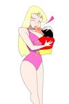  1girl akimoto_katherine_reiko bikini blonde_hair blush breasts buzz_cut cleavage closed_eyes crayon_shin-chan eyebrows heart highres hug huge_breasts kiss kochikame lips long_hair nohara_shinnosuke one-piece_swimsuit petting shorts subaru_(shijar) swimsuit thick_eyebrows 