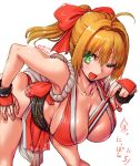  1girl ahoge amania_orz bare_shoulders blonde_hair breasts cleavage cosplay fan fate_(series) gloves green_eyes large_breasts nero_claudius_(fate)_(all) one_eye_closed ponytail shiranui_mai shiranui_mai_(cosplay) sleeveless solo the_king_of_fighters 