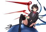  asymmetrical_wings black_dress black_hair black_legwear dress feet grin houjuu_nue legs looking_at_viewer panties pantyshot pantyshot_(sitting) polearm red_eyes rokuwata_tomoe short_dress short_hair short_sleeves simple_background sitting smile soles solo thighhighs touhou trident underwear upskirt weapon white_background wings wrist_cuffs 