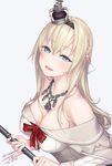  :d artist_name bare_shoulders blonde_hair blue_eyes braid breasts chain chain_necklace cleavage corset crown dated dress french_braid hairband half-closed_eyes jewelry kantai_collection large_breasts long_hair long_sleeves mini_crown off_shoulder open_mouth rokuwata_tomoe signature simple_background smile solo twitter_username upper_body warspite_(kantai_collection) white_dress 