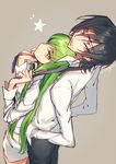  1girl black_hair c.c. code_geass couple creayus eyebrows eyebrows_visible_through_hair from_above green_hair hands_in_pockets hetero holding lelouch_lamperouge long_hair looking_at_viewer looking_up necktie no_pants purple_eyes shirt star white_shirt yellow_eyes 